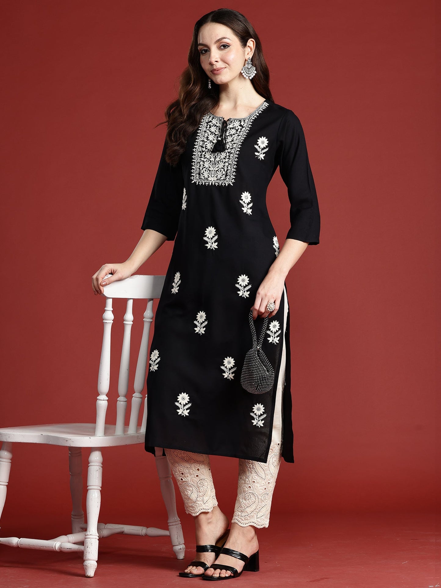 Black Embroidered Straight Kurtas