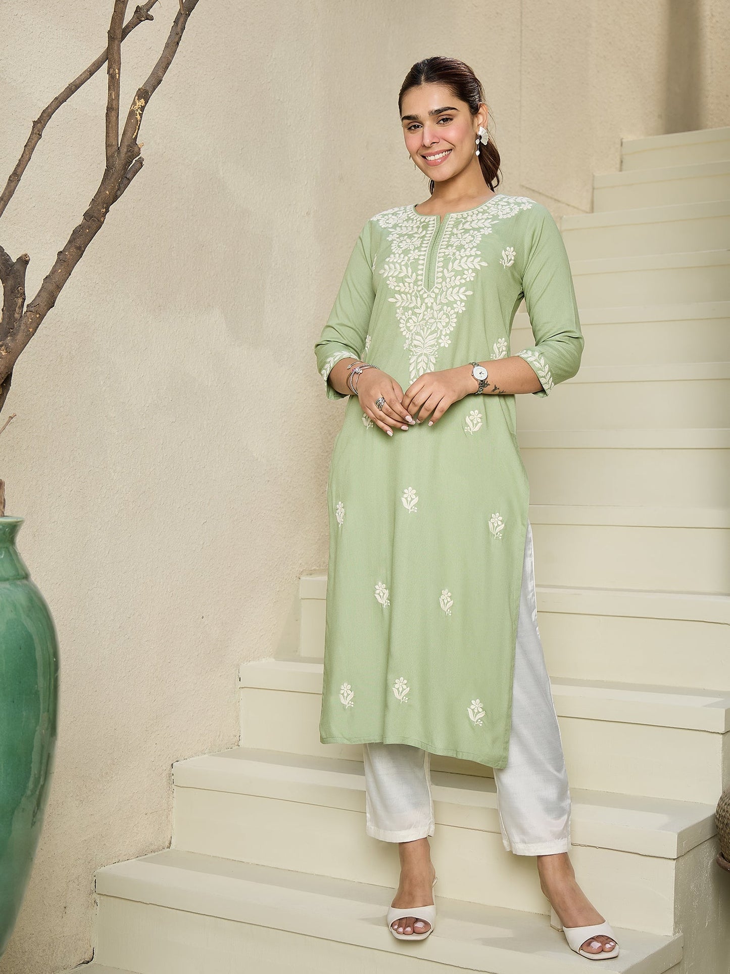 Indo Era Green Embroidered Straight Kurtas