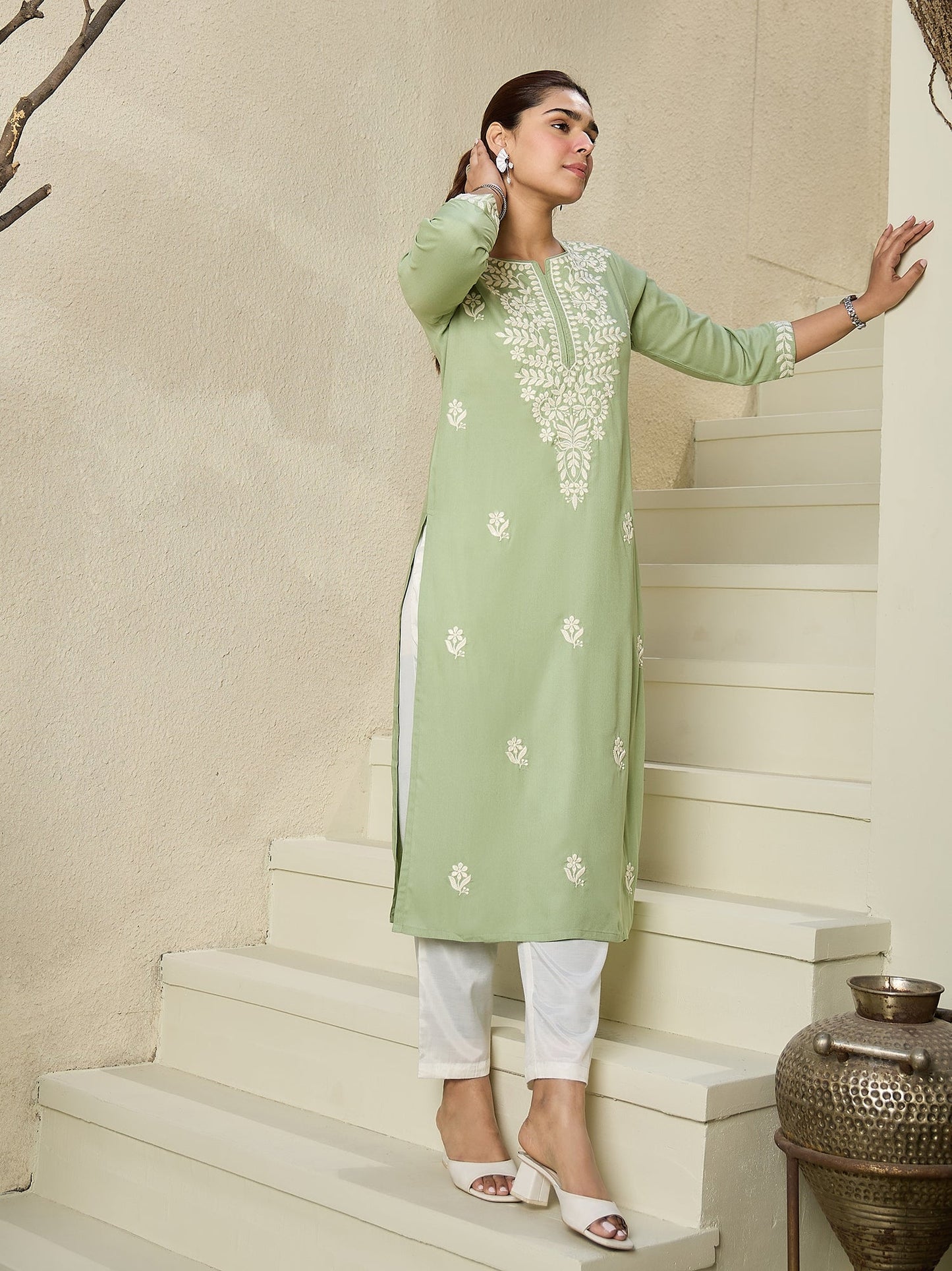 Indo Era Green Embroidered Straight Kurtas