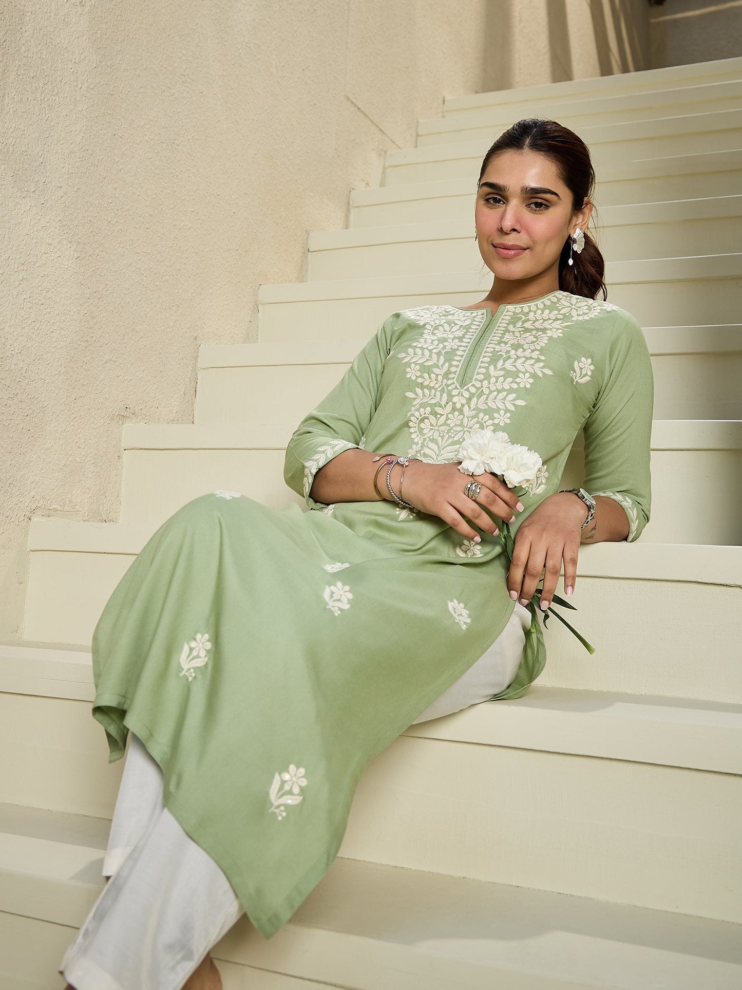 Indo Era Green Embroidered Straight Kurtas