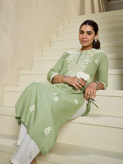 Indo Era Green Embroidered Straight Kurtas