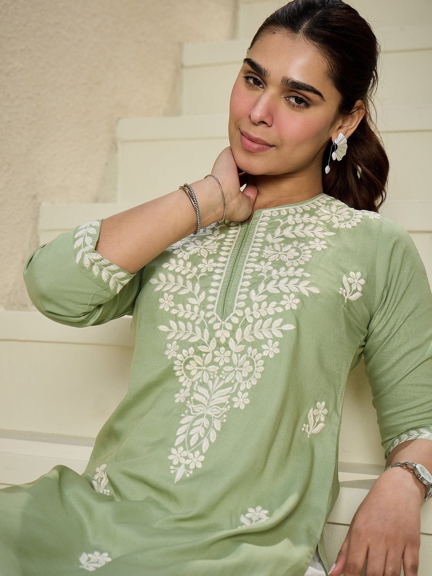 Indo Era Green Embroidered Straight Kurtas