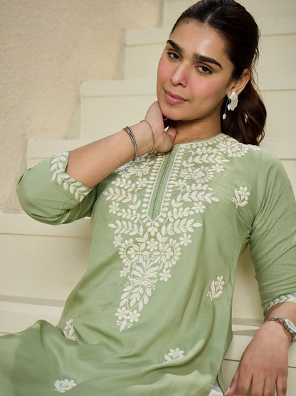 Indo Era Green Embroidered Straight Kurtas