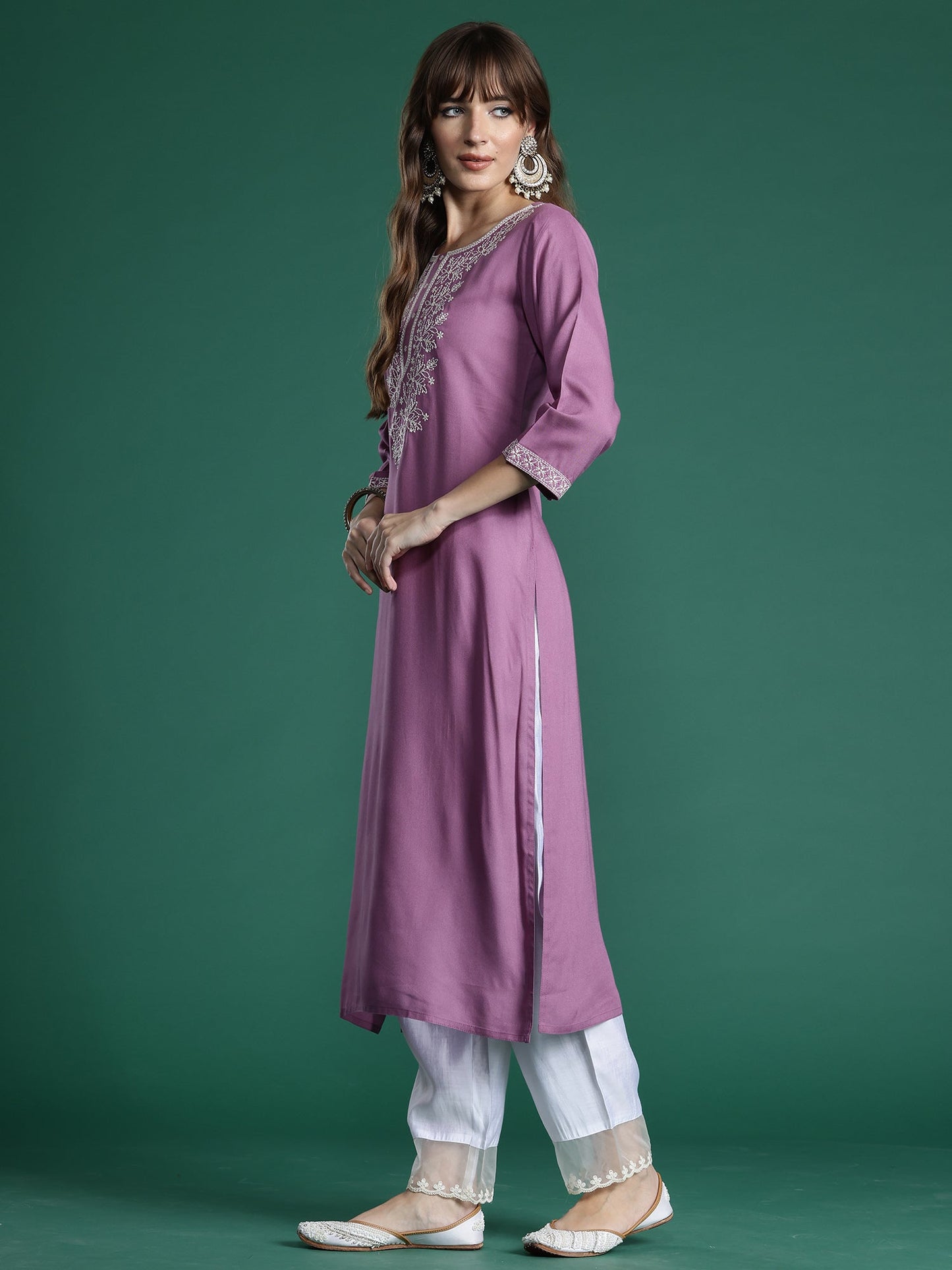 Indo Era Lavender Embroidered Straight Kurtas