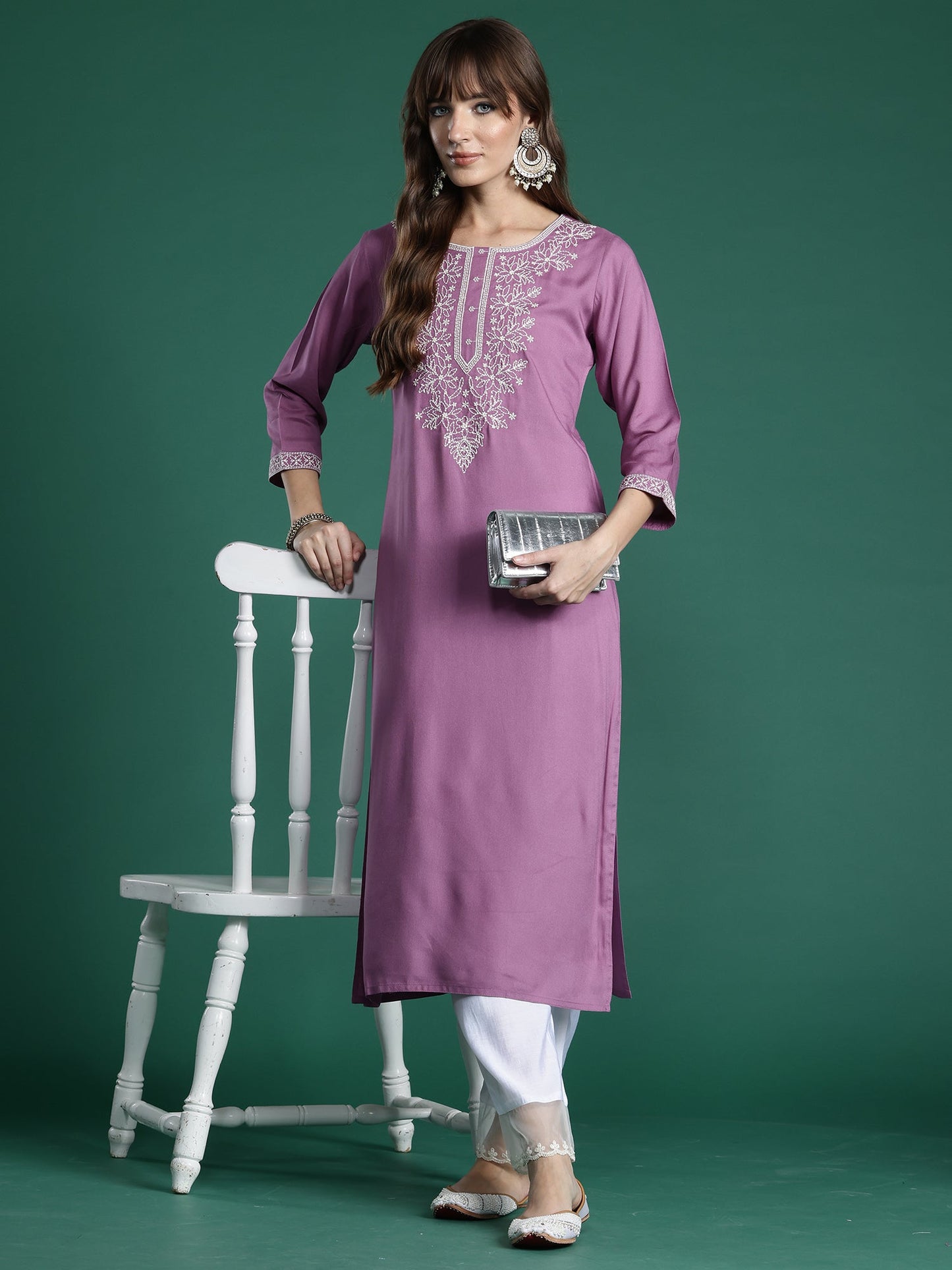 Indo Era Lavender Embroidered Straight Kurtas