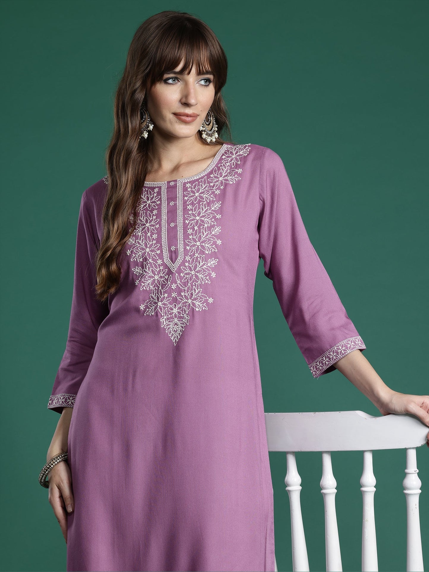 Indo Era Lavender Embroidered Straight Kurtas
