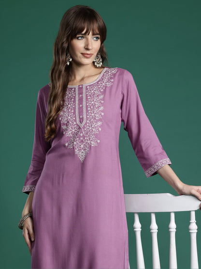 Indo Era Lavender Embroidered Straight Kurtas