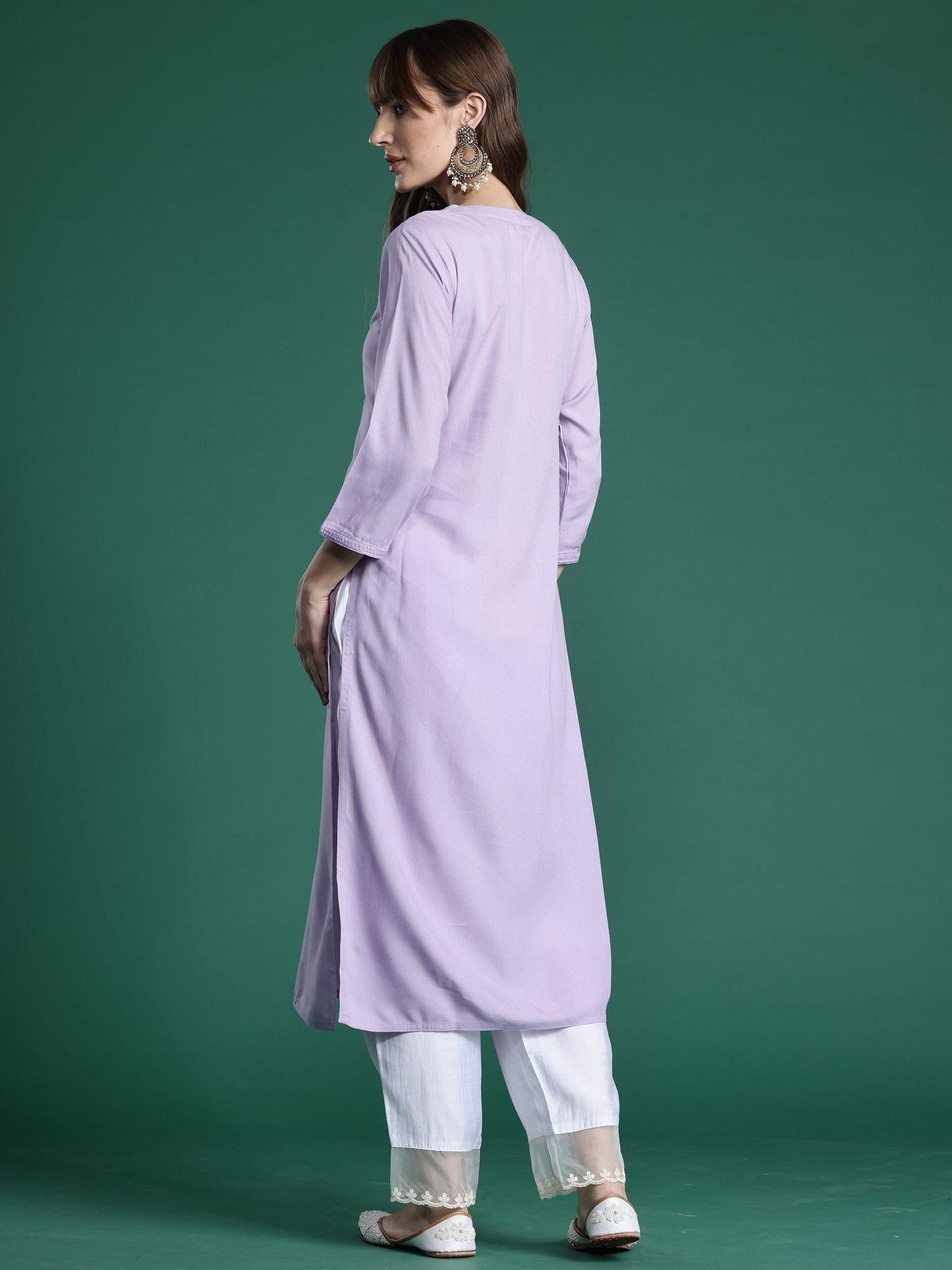 Indo Era Lavender Embroidered Straight Kurtas