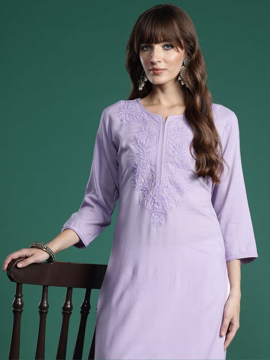 Indo Era Lavender Embroidered Straight Kurtas
