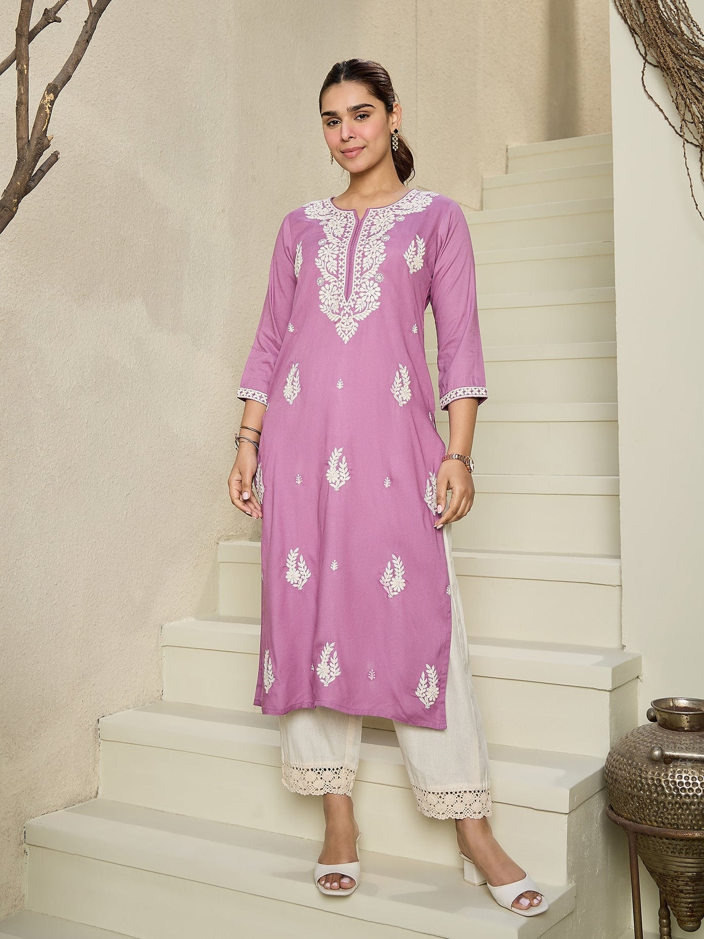 Indo Era Lavender Embroidered Straight Kurtas