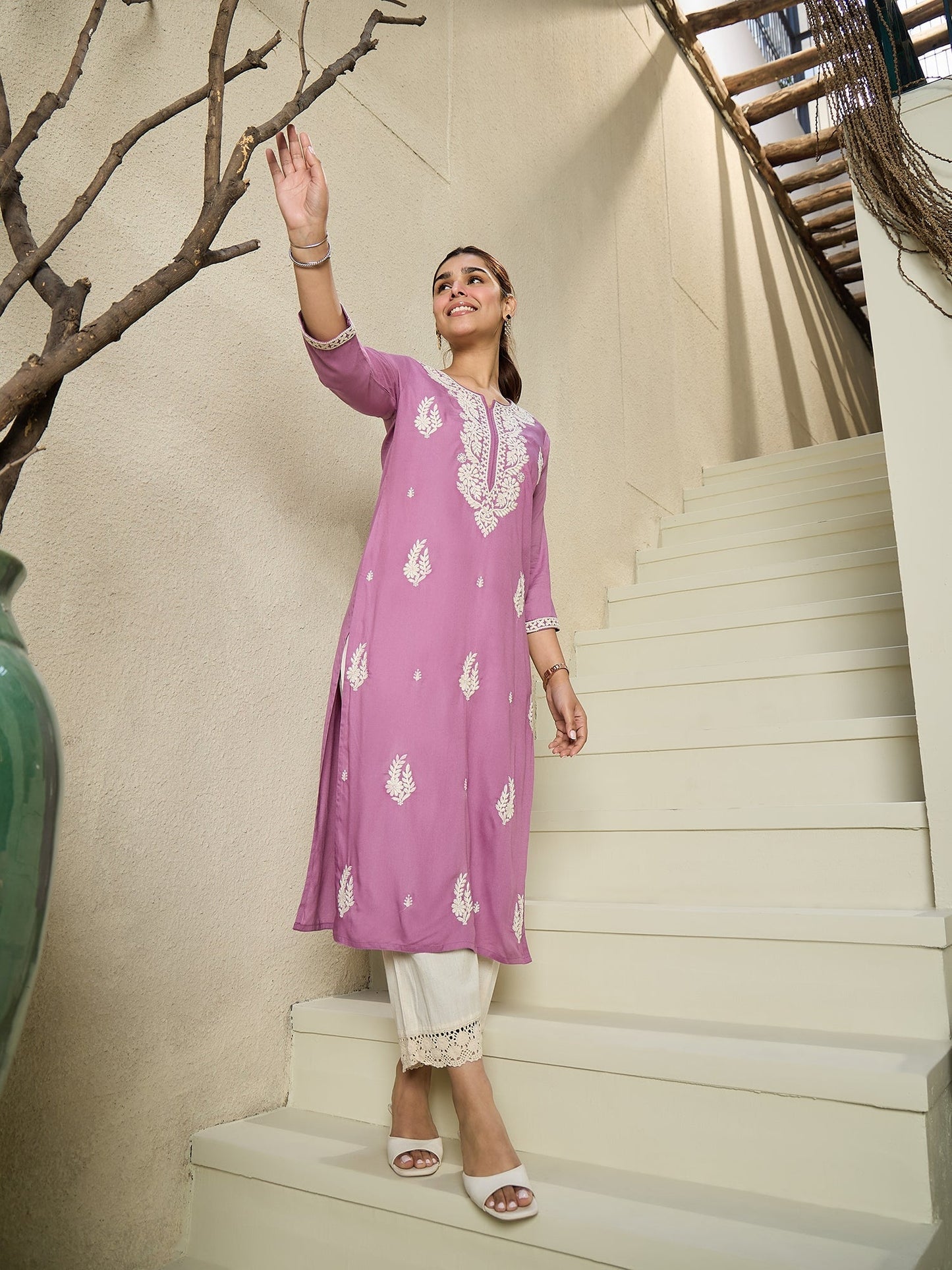 Indo Era Lavender Embroidered Straight Kurtas