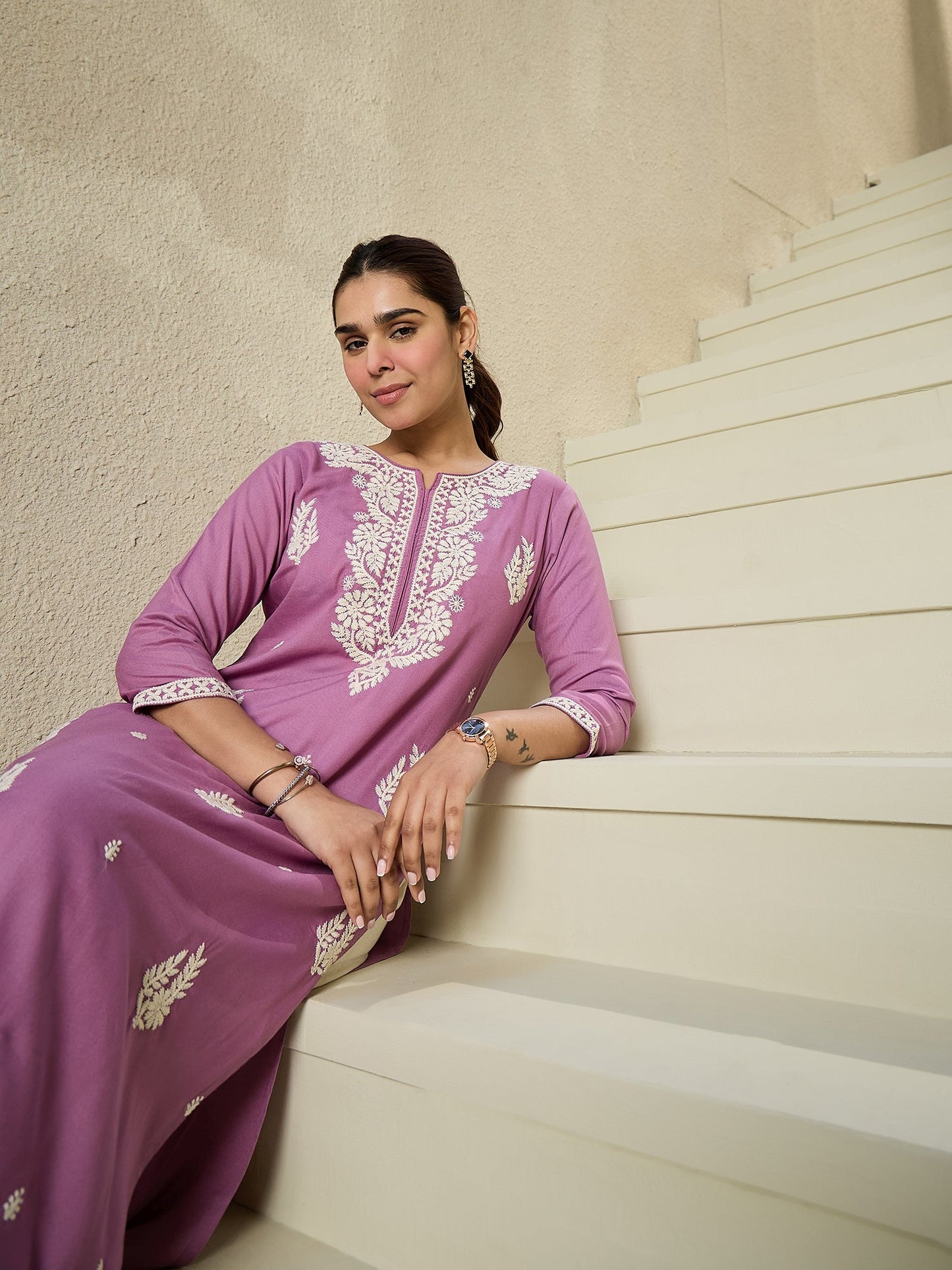 Indo Era Lavender Embroidered Straight Kurtas
