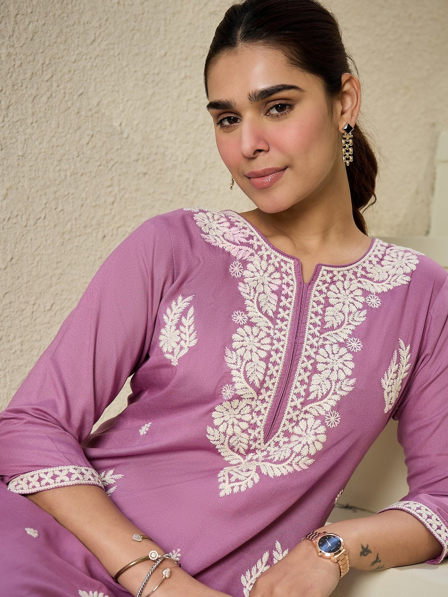 Indo Era Lavender Embroidered Straight Kurtas