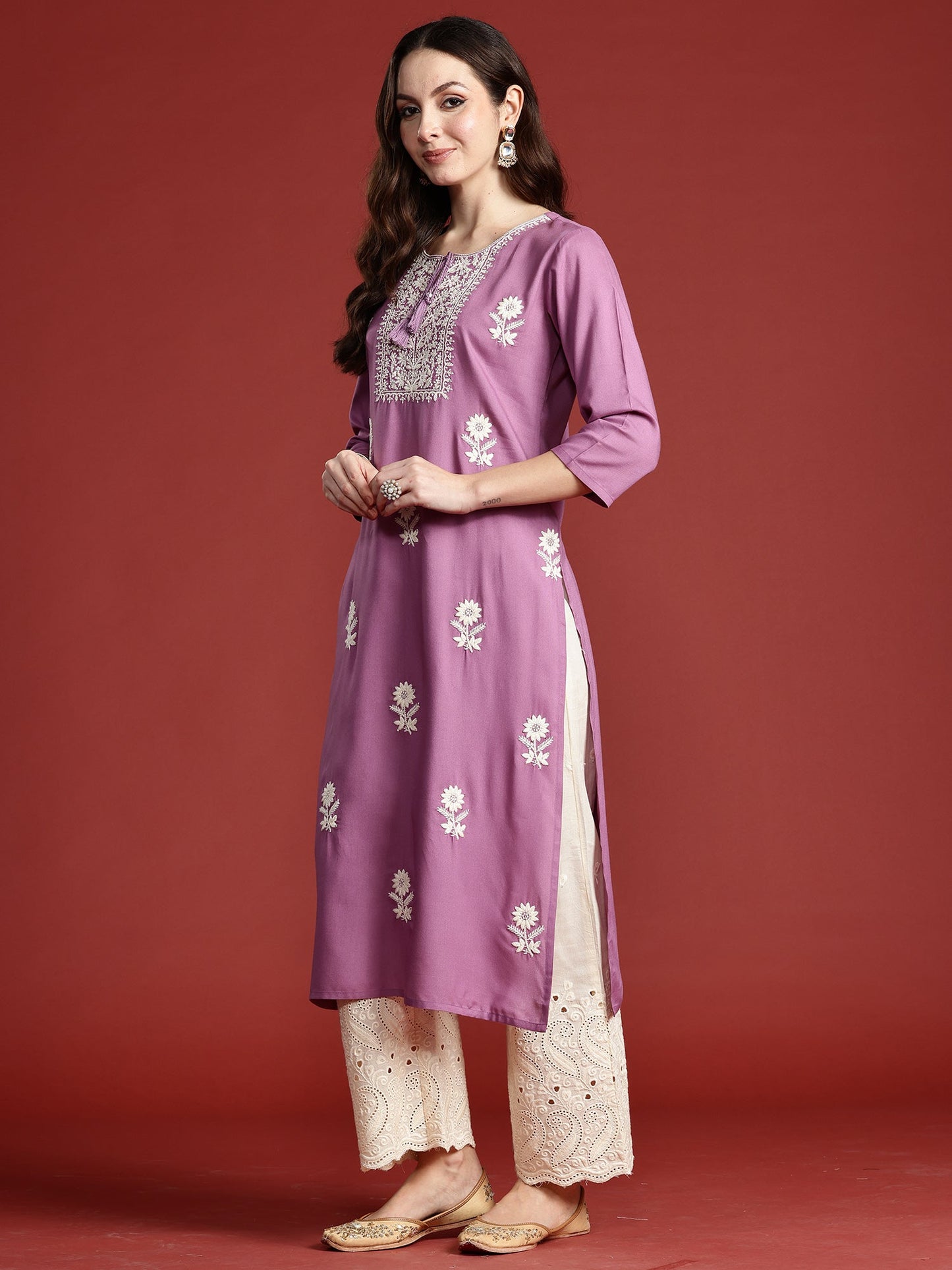 Lavender Embroidered Straight Kurtas