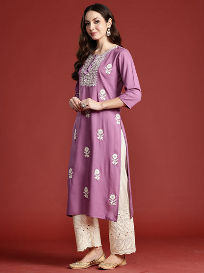 Lavender Embroidered Straight Kurtas