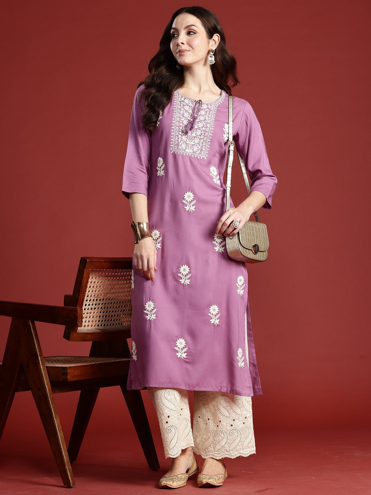 Lavender Embroidered Straight Kurtas
