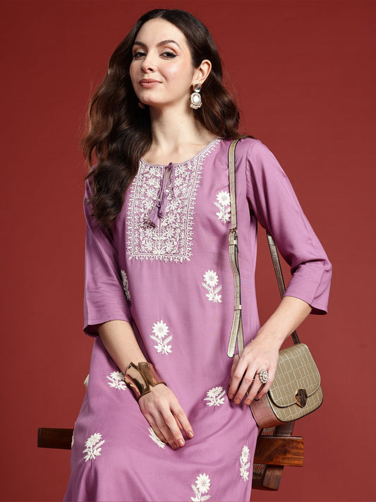 Lavender Embroidered Straight Kurtas