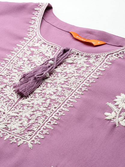 Lavender Embroidered Straight Kurtas