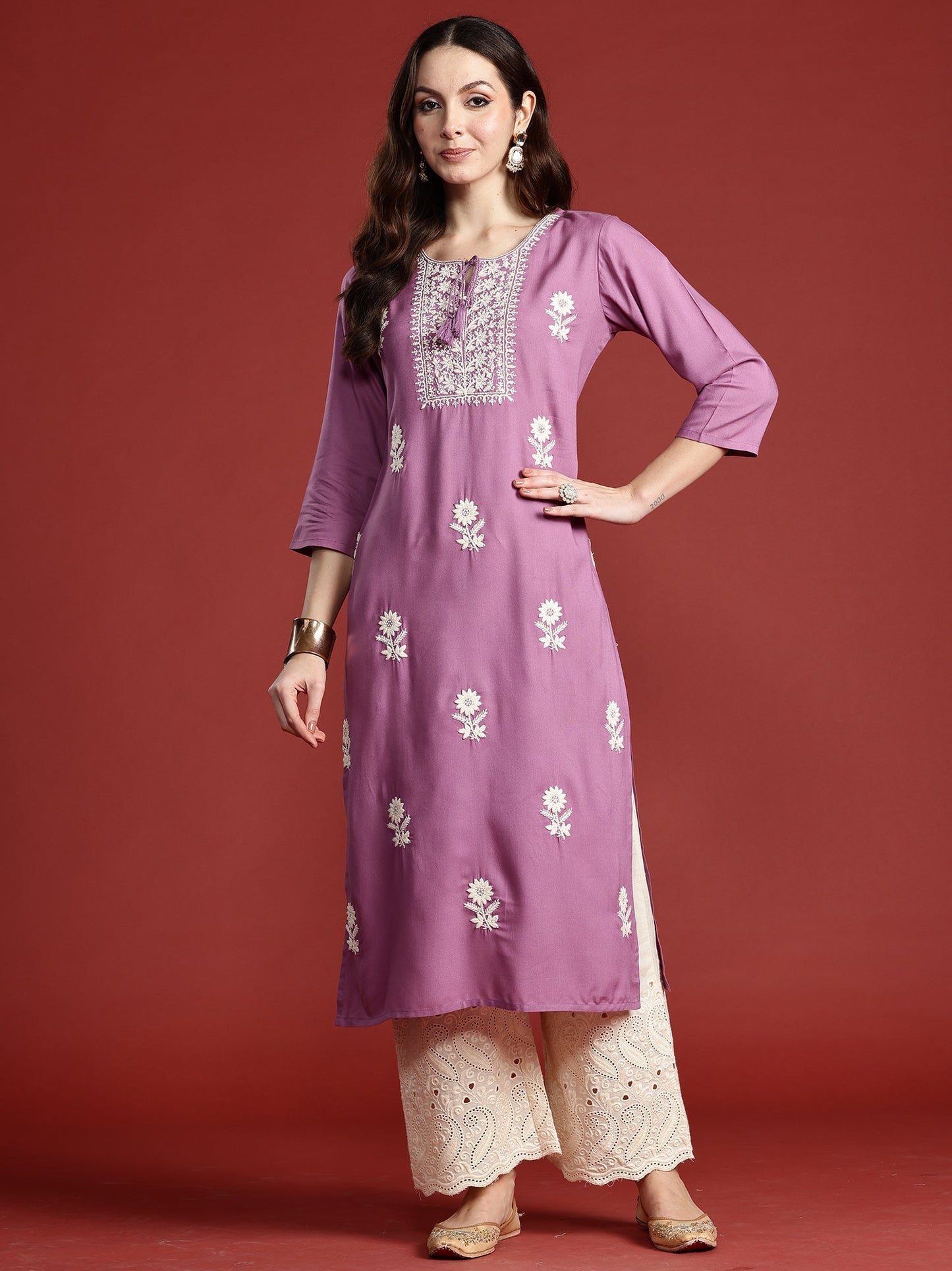 Lavender Embroidered Straight Kurtas