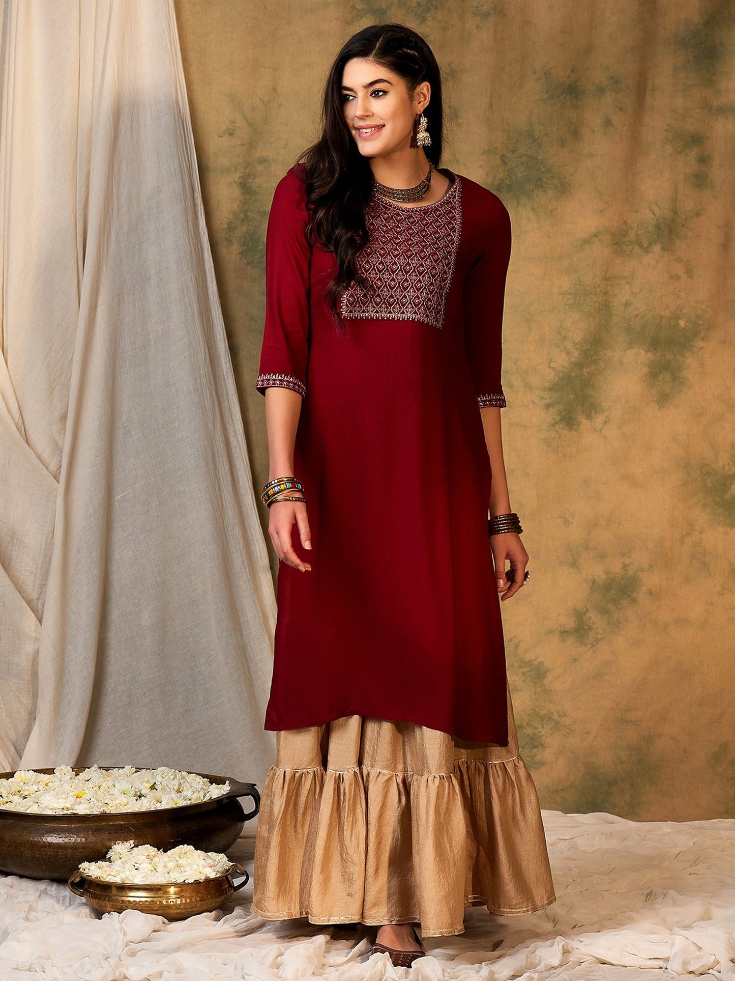 Maroon Embroidered Straight Kurtas