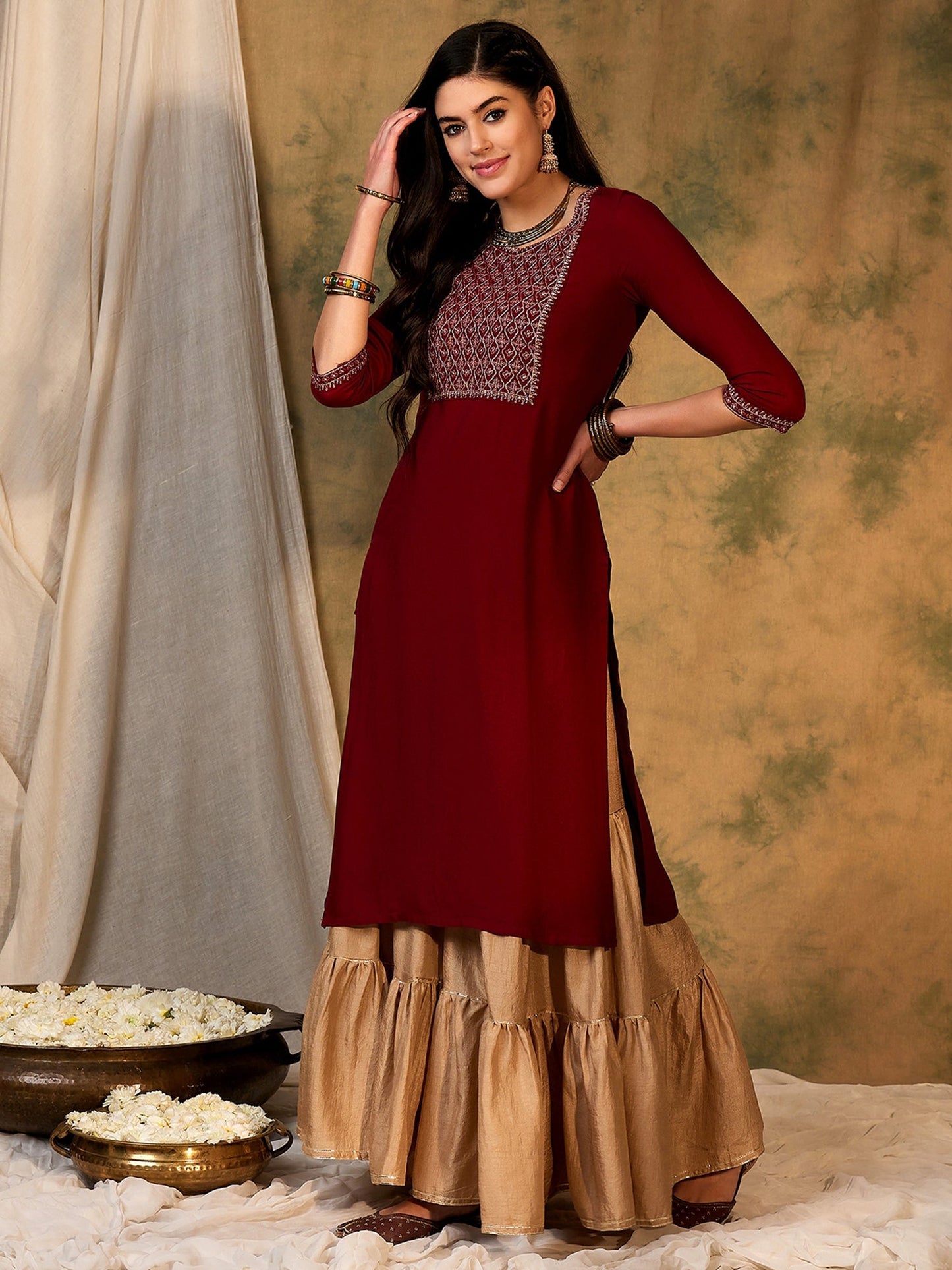 Maroon Embroidered Straight Kurtas