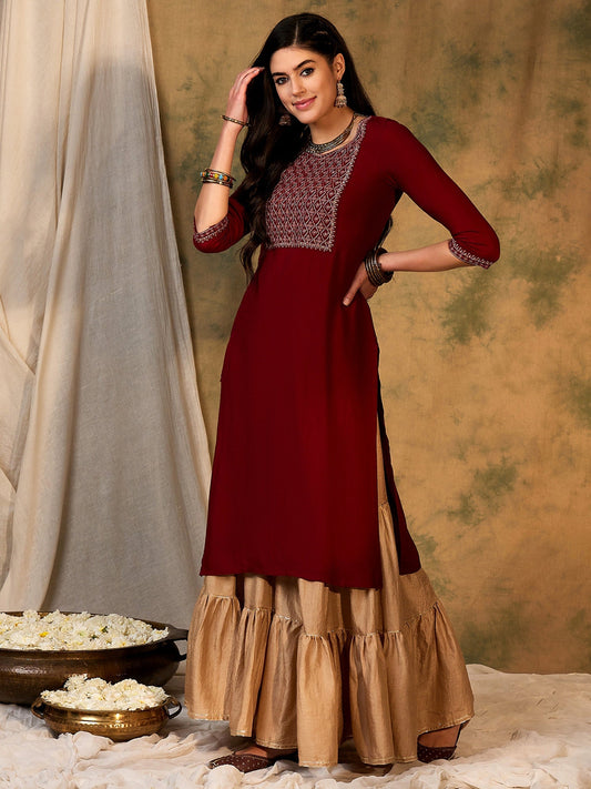 Maroon Embroidered Straight Kurtas