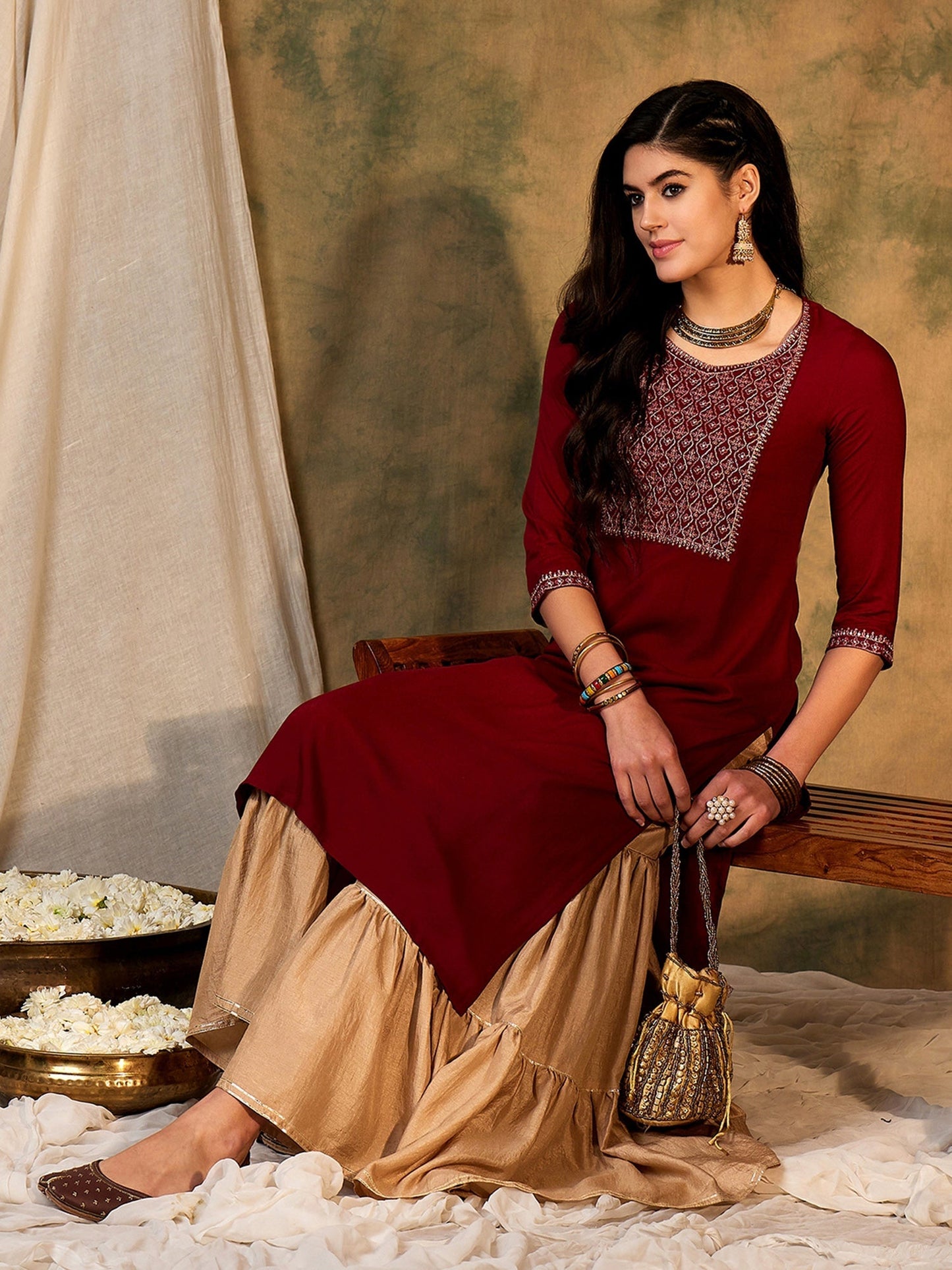 Maroon Embroidered Straight Kurtas