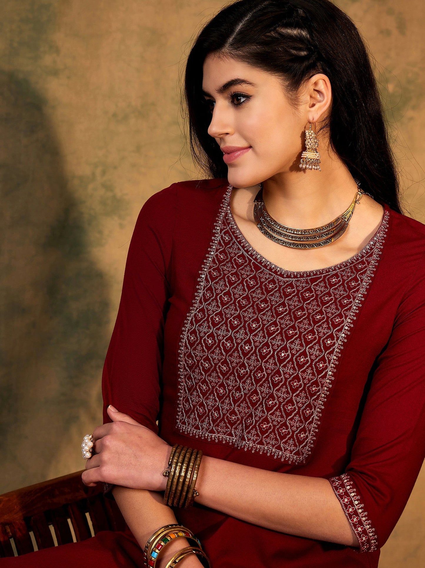 Maroon Embroidered Straight Kurtas