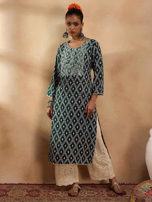 Indo Era Green Printed Straight Kurtas