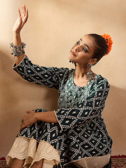 Indo Era Green Printed Straight Kurtas