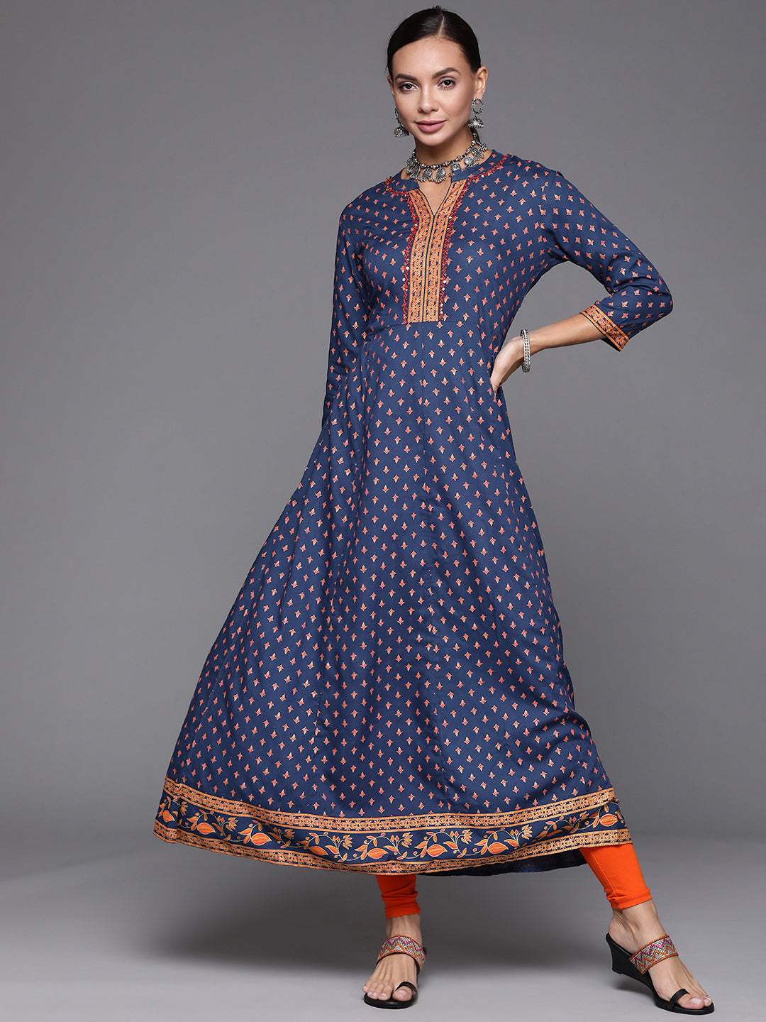 Indo Era Blue Foil Printed A-line Kurta
