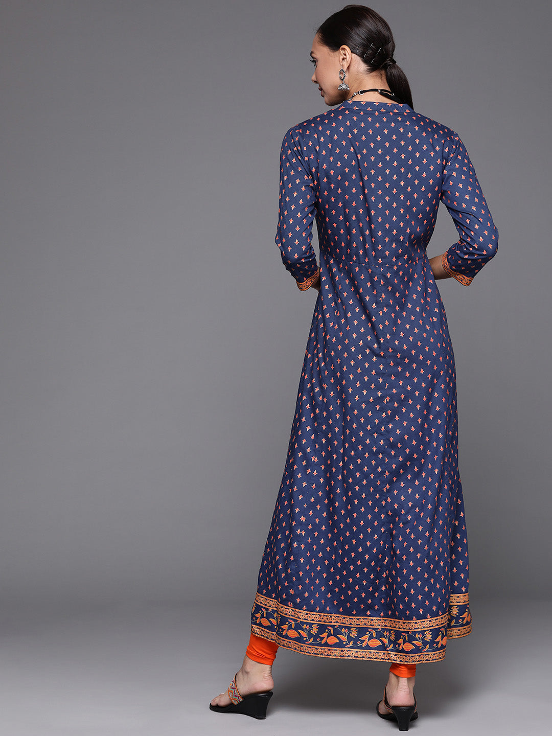 Indo Era Blue Foil Printed A-line Kurta