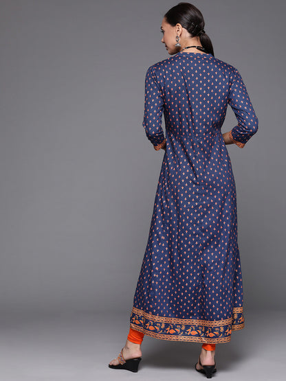 Indo Era Blue Foil Printed A-line Kurta