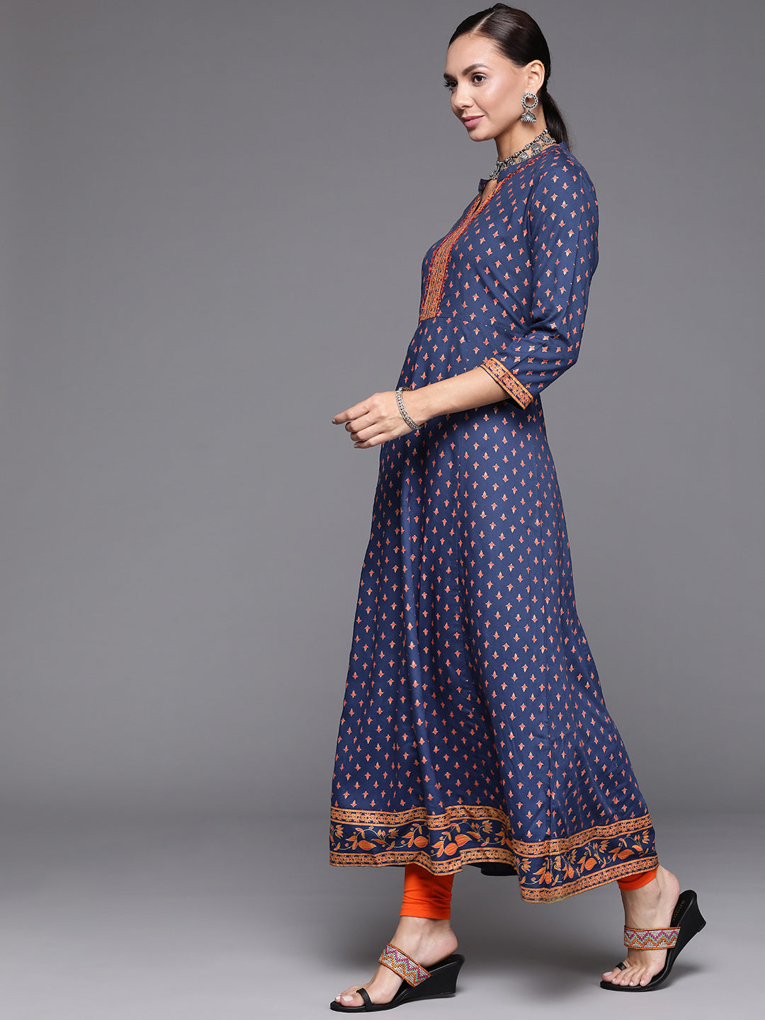 Indo Era Blue Foil Printed A-line Kurta