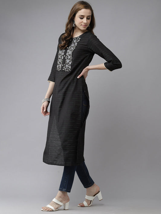 Indo Era Black Embroidered Yoke Straight Kurta