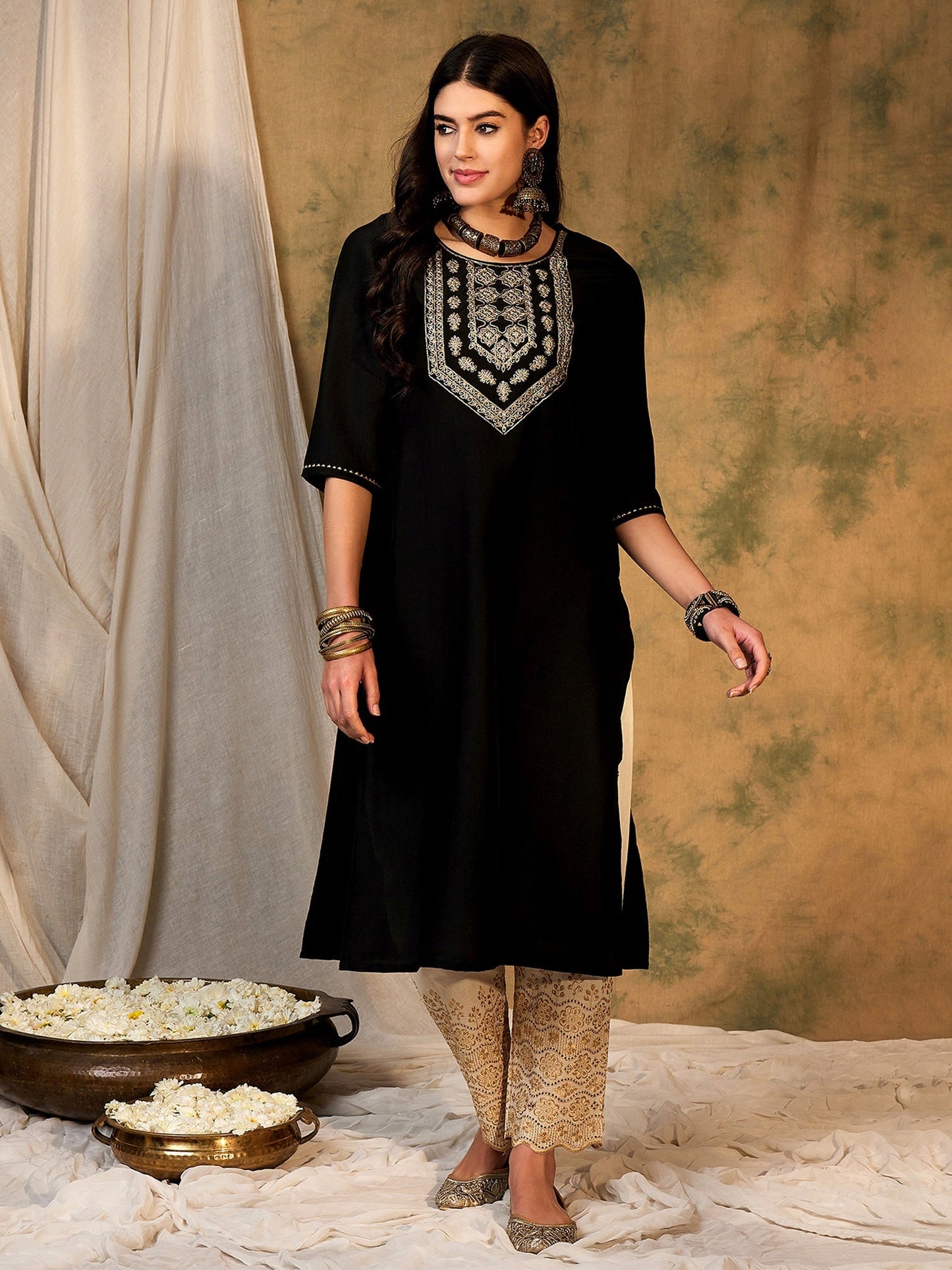 Indo Era Black Embroidered Straight Kurtas