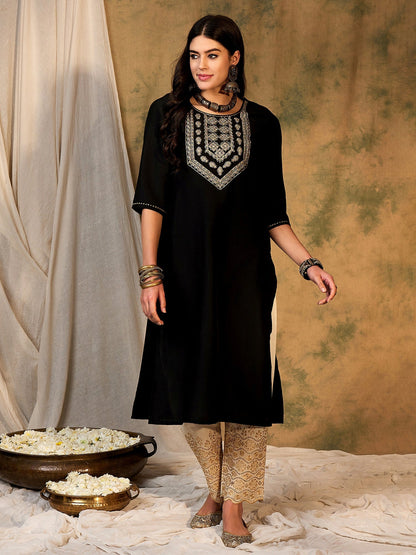 Indo Era Black Embroidered Straight Kurtas