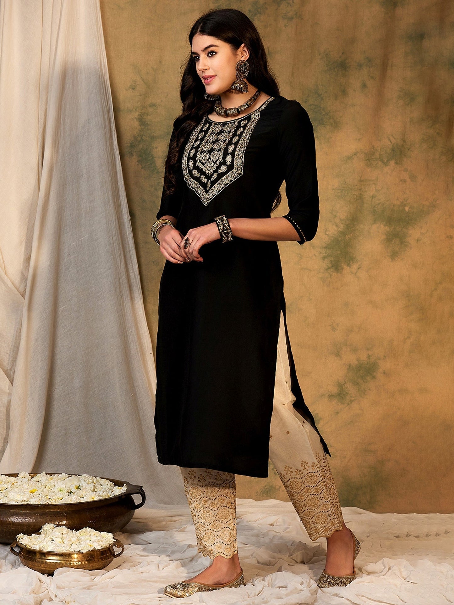 Indo Era Black Embroidered Straight Kurtas