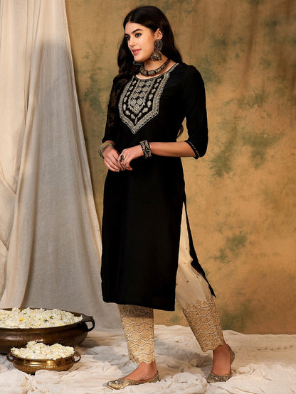 Indo Era Black Embroidered Straight Kurtas