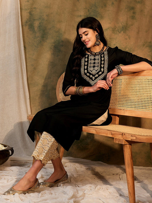 Indo Era Black Embroidered Straight Kurtas