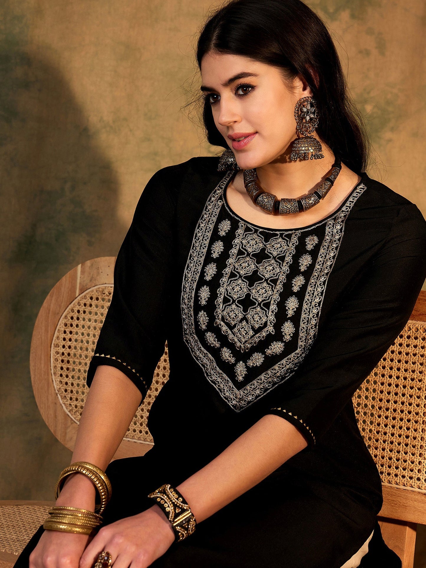 Indo Era Black Embroidered Straight Kurtas