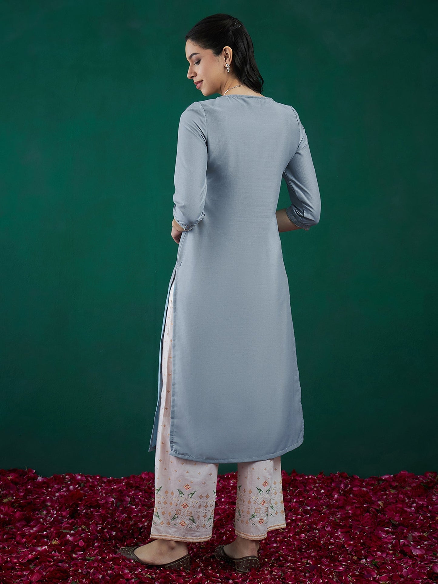 Indo Era Blue Embroidered Straight Kurtas