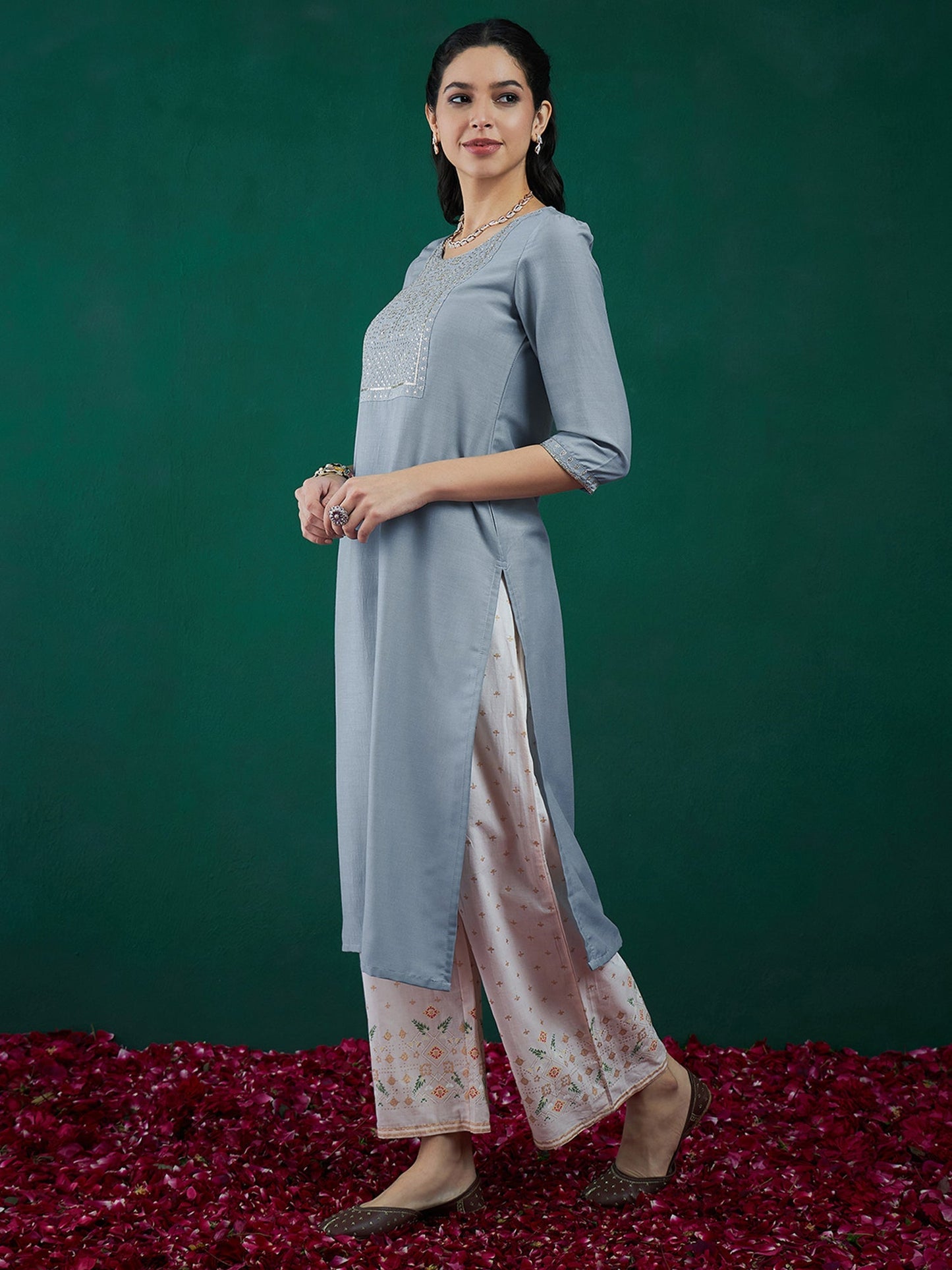 Indo Era Blue Embroidered Straight Kurtas