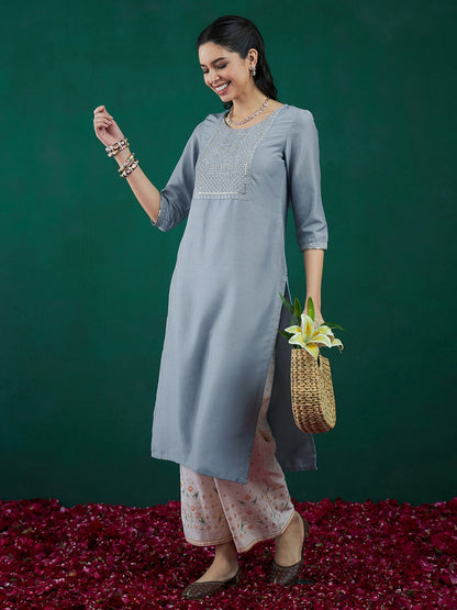 Indo Era Blue Embroidered Straight Kurtas
