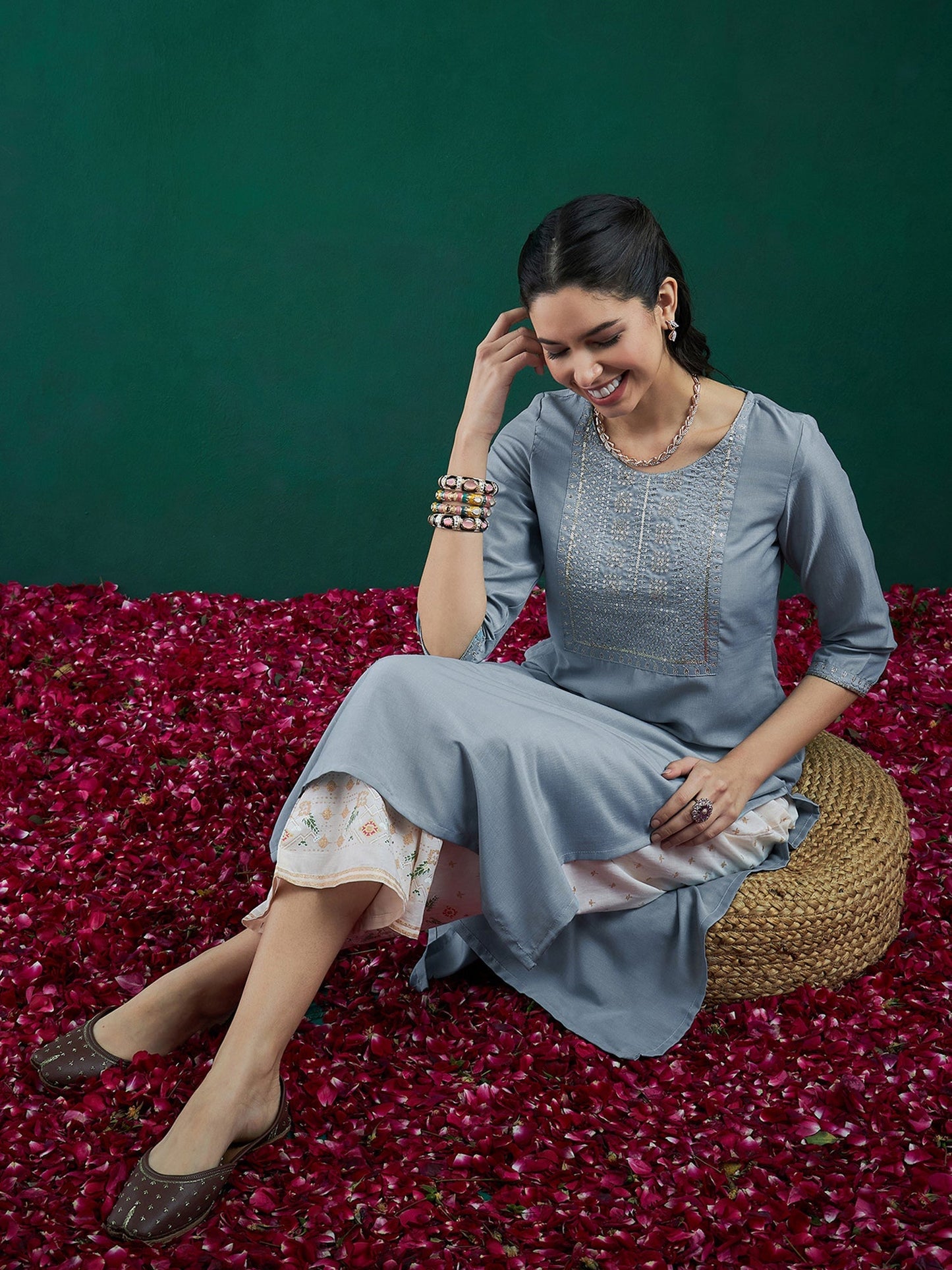 Indo Era Blue Embroidered Straight Kurtas