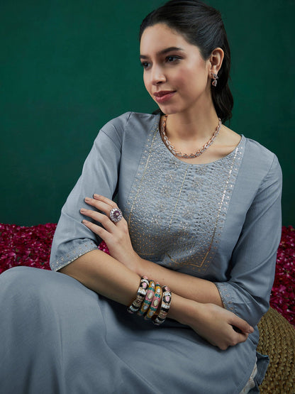Indo Era Blue Embroidered Straight Kurtas