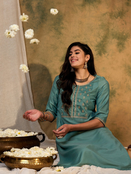 Indo Era Blue Embroidered Straight Kurtas
