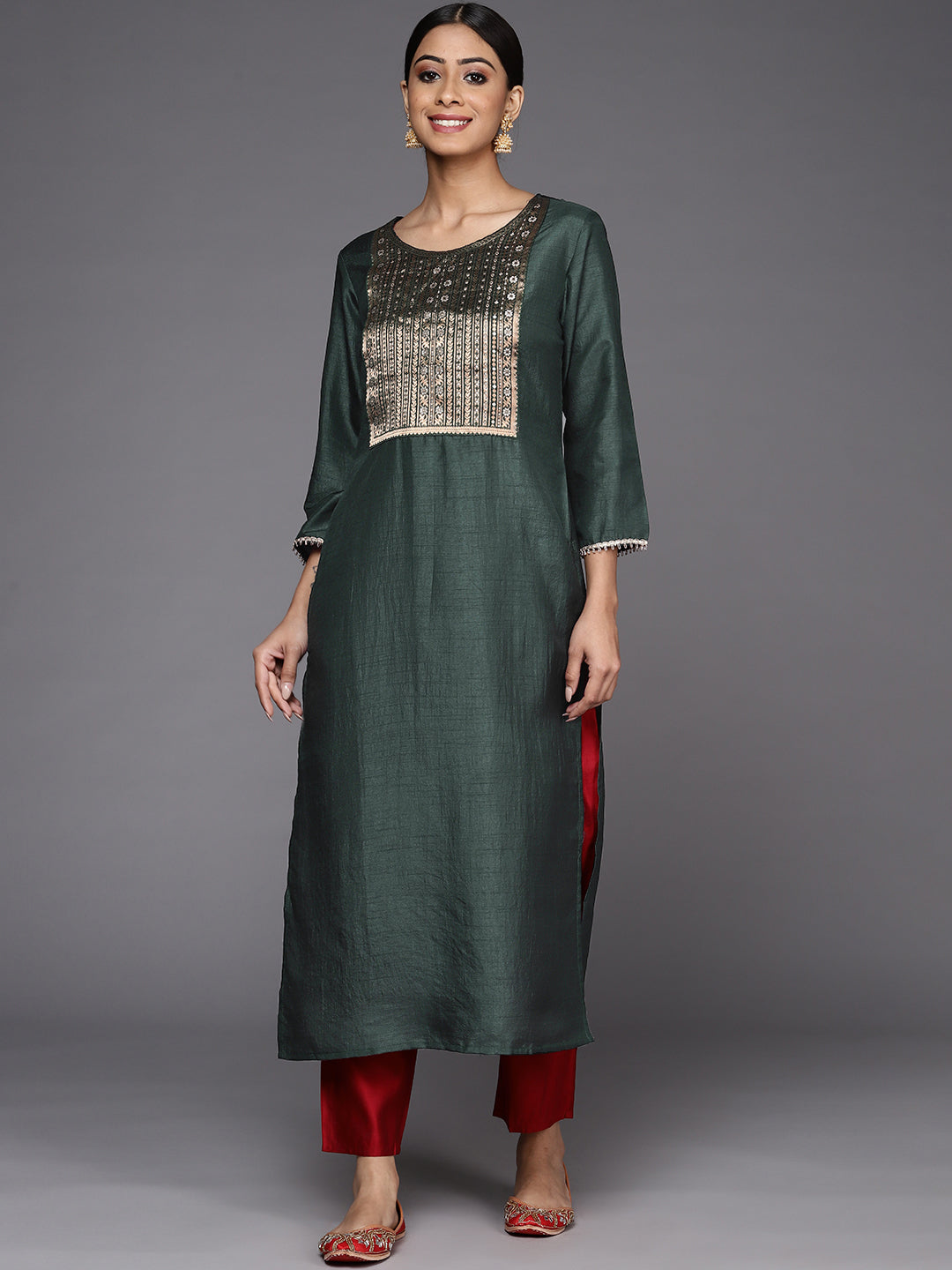 Indo Era Green Solid Straight Kurta