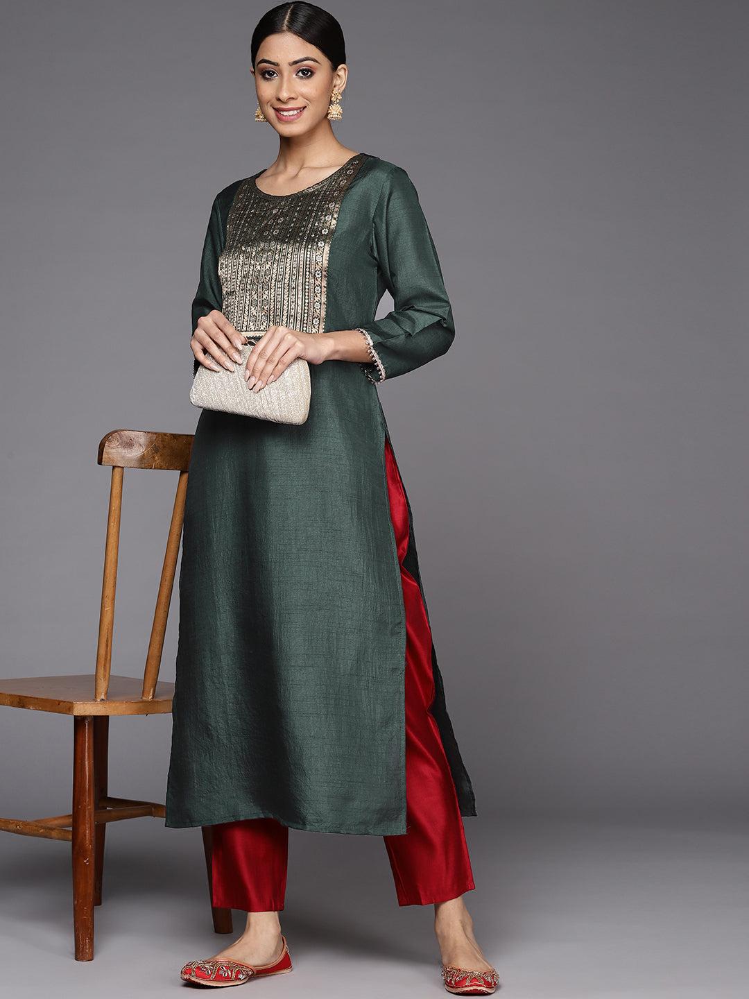 Indo Era Green Solid Straight Kurta