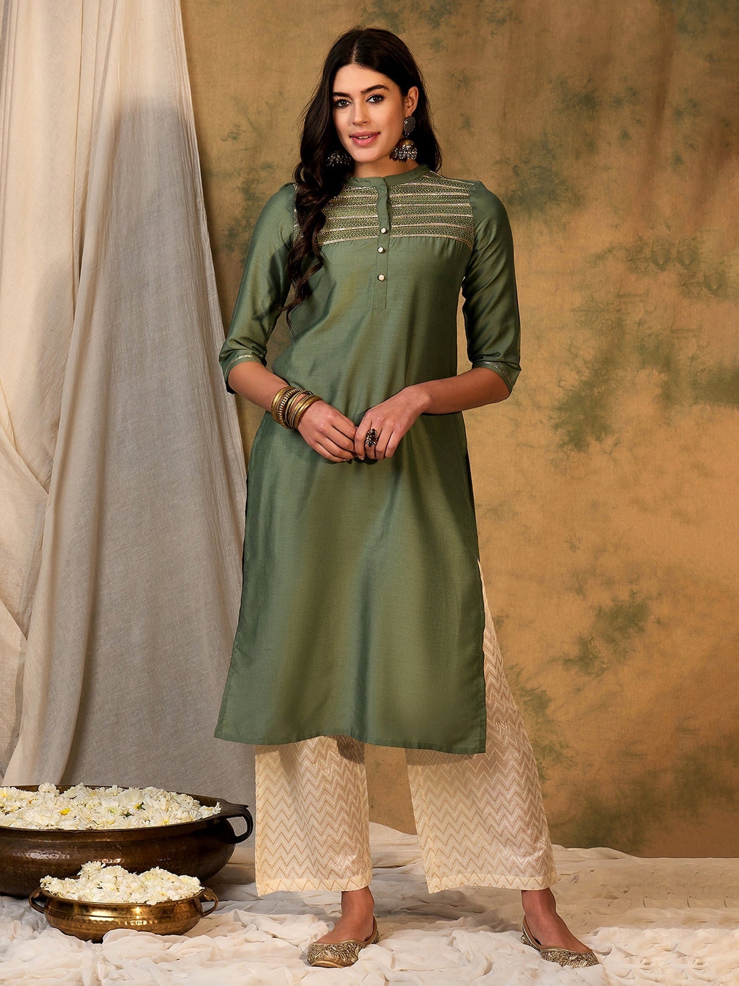 Indo Era Green Embroidered Straight Kurtas